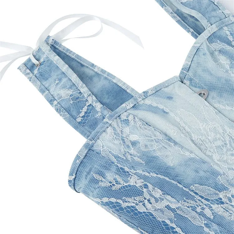 Gothic-Spitzen-Splice-Denim-Überbrustkorsett für Damen