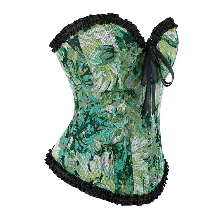 Gothic-Überbrustkorsett mit Rüschen und Blumenmuster für Damen