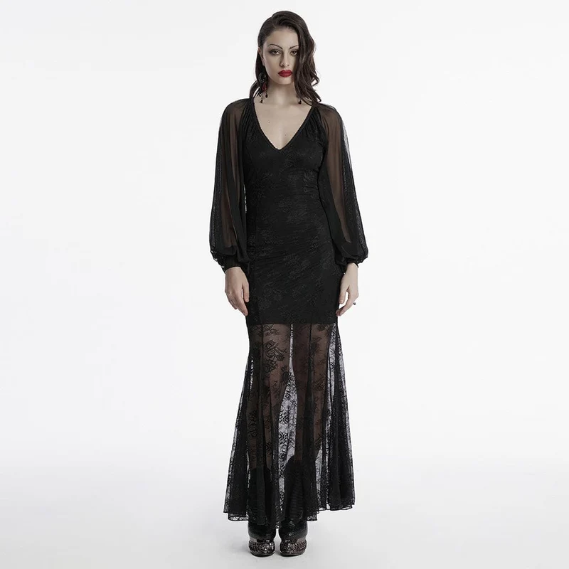 Gothic-Kleid mit tiefen Fledermausärmeln und Fischschwanz für Damen