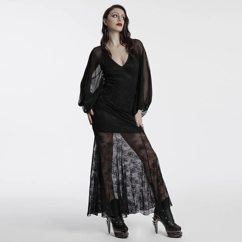 Gothic-Kleid mit tiefen Fledermausärmeln und Fischschwanz für Damen