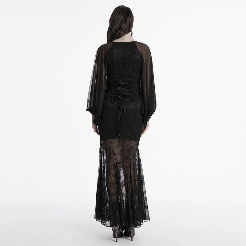 Gothic-Kleid mit tiefen Fledermausärmeln und Fischschwanz für Damen
