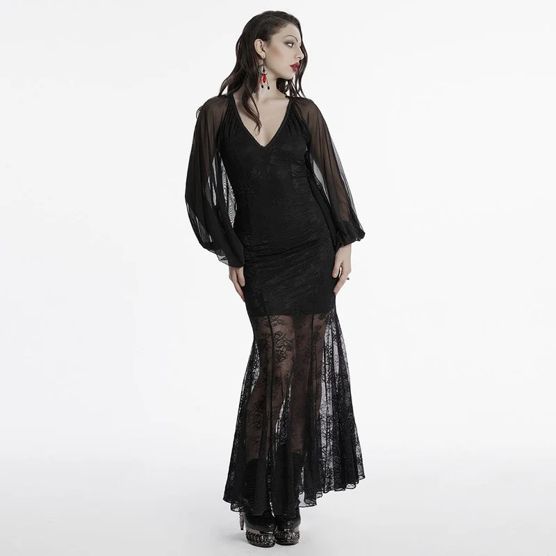 Gothic-Kleid mit tiefen Fledermausärmeln und Fischschwanz für Damen