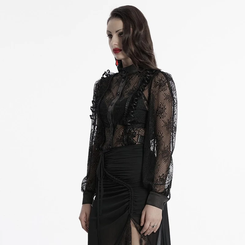 Damen Gothic Stehkragen Puffärmel Spitzenhemd