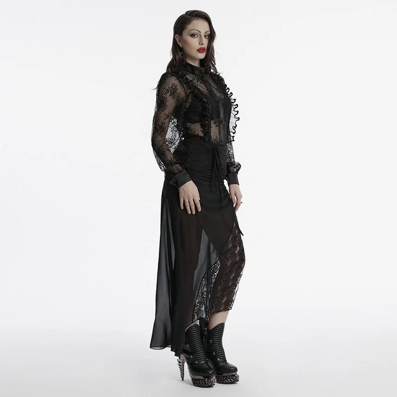 Damen Gothic Stehkragen Puffärmel Spitzenhemd