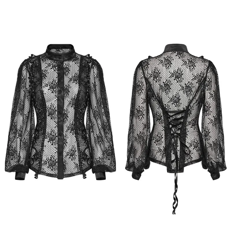 Damen Gothic Stehkragen Puffärmel Spitzenhemd