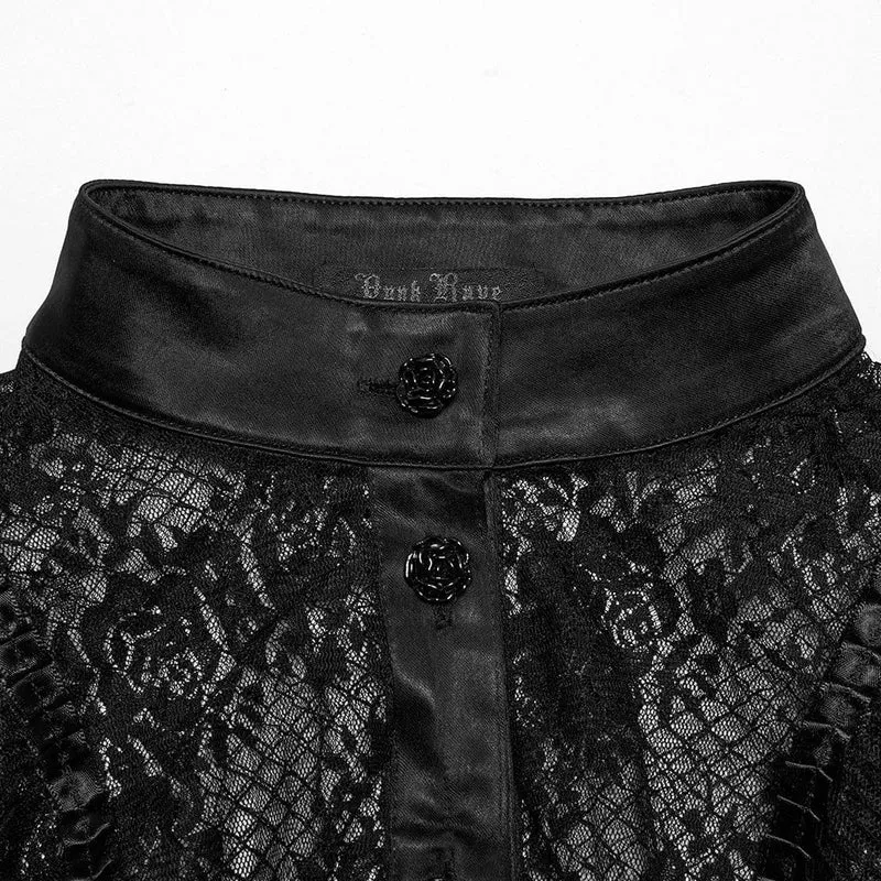 Damen Gothic Stehkragen Puffärmel Spitzenhemd