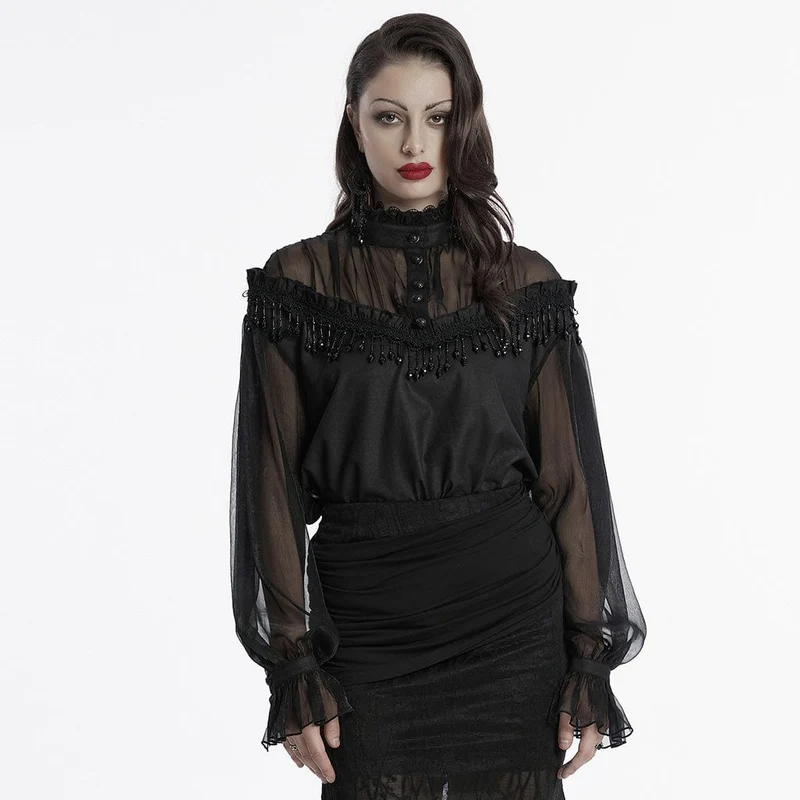 Gothic-Hemd aus transparentem Netzstoff mit Perlen und Rüschen für Damen