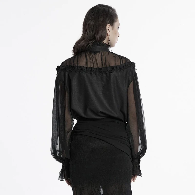 Gothic-Hemd aus transparentem Netzstoff mit Perlen und Rüschen für Damen