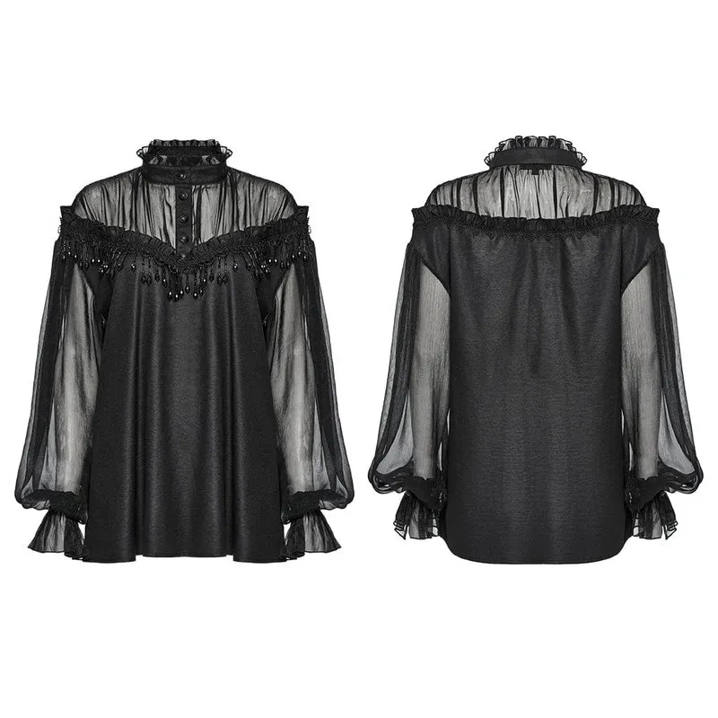 Gothic-Hemd aus transparentem Netzstoff mit Perlen und Rüschen für Damen
