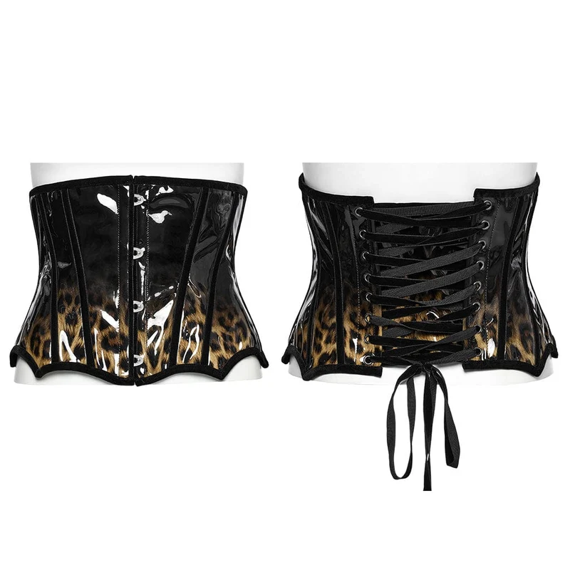 Damen Gothic Leopard Lackleder Unterbrust Korsett Kaffee