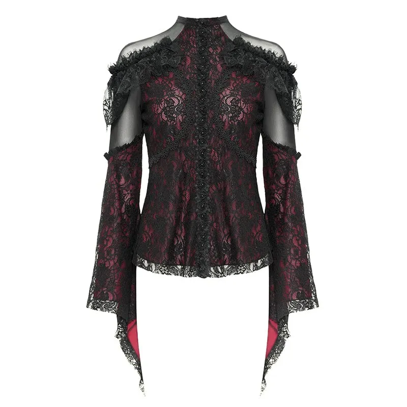 Gothic-Hemd mit ausgestellten Ärmeln, Perlenspitze und Spleiß für Damen in Rot