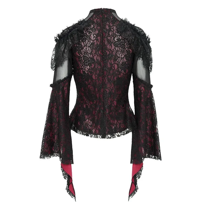 Gothic-Hemd mit ausgestellten Ärmeln, Perlenspitze und Spleiß für Damen in Rot