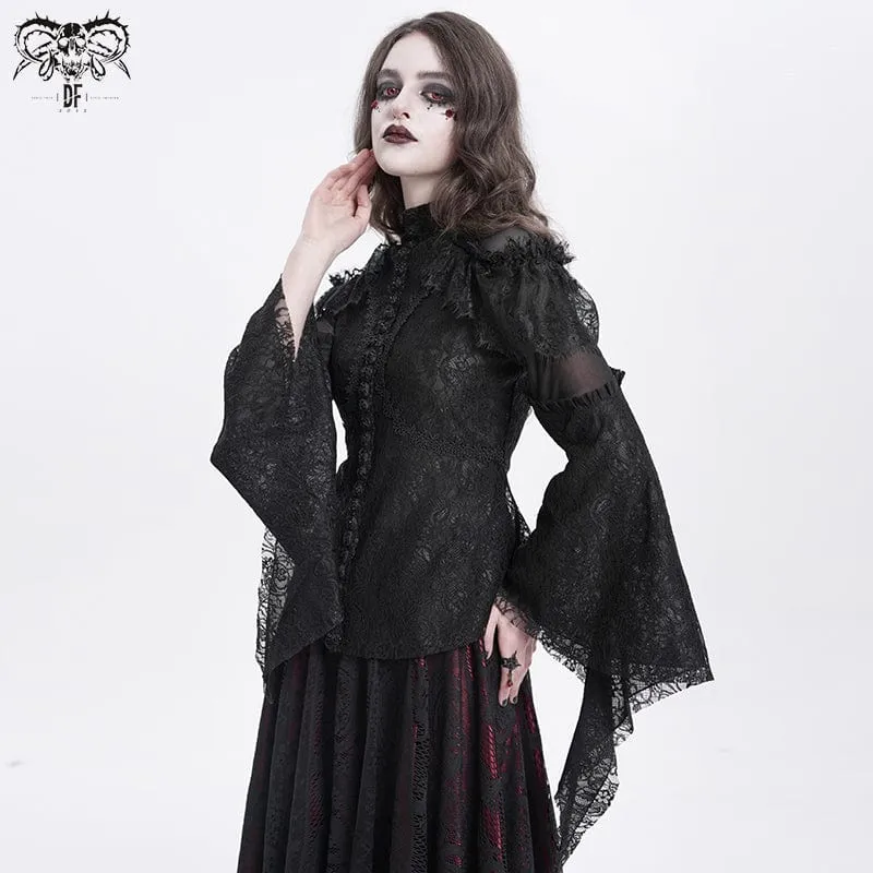 Gothic-Hemd mit ausgestellten Ärmeln, Perlenspitze und Spleiß für Damen in Schwarz