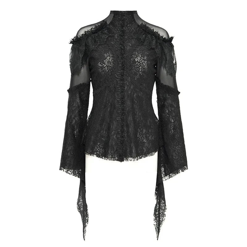 Gothic-Hemd mit ausgestellten Ärmeln, Perlenspitze und Spleiß für Damen in Schwarz