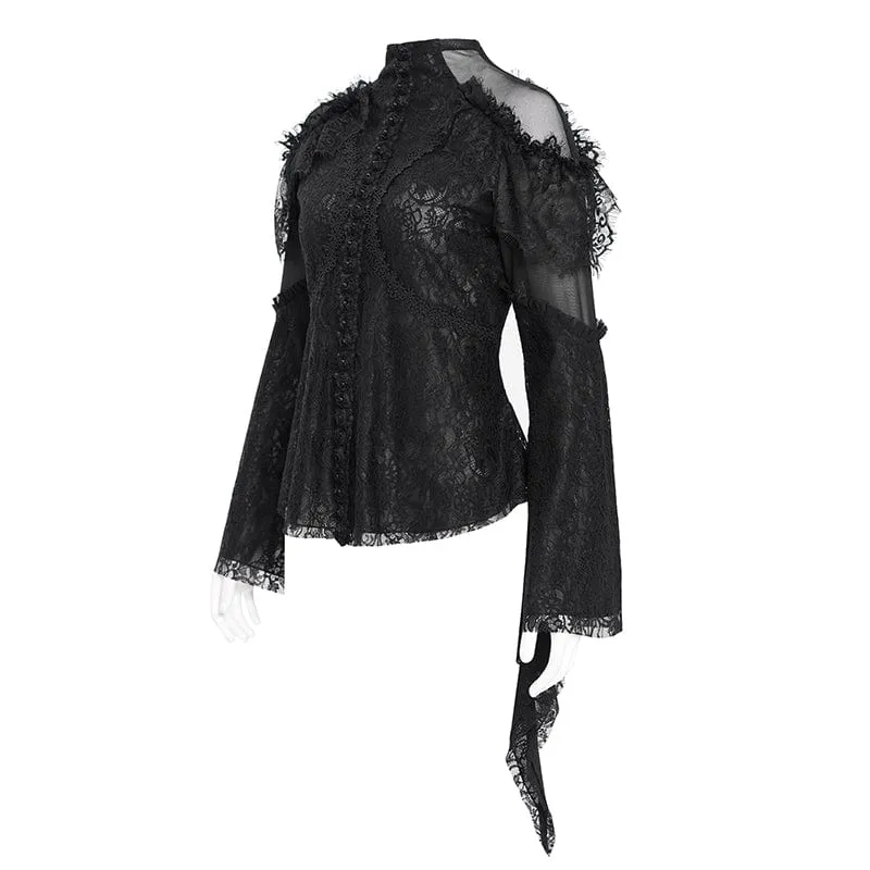 Gothic-Hemd mit ausgestellten Ärmeln, Perlenspitze und Spleiß für Damen in Schwarz