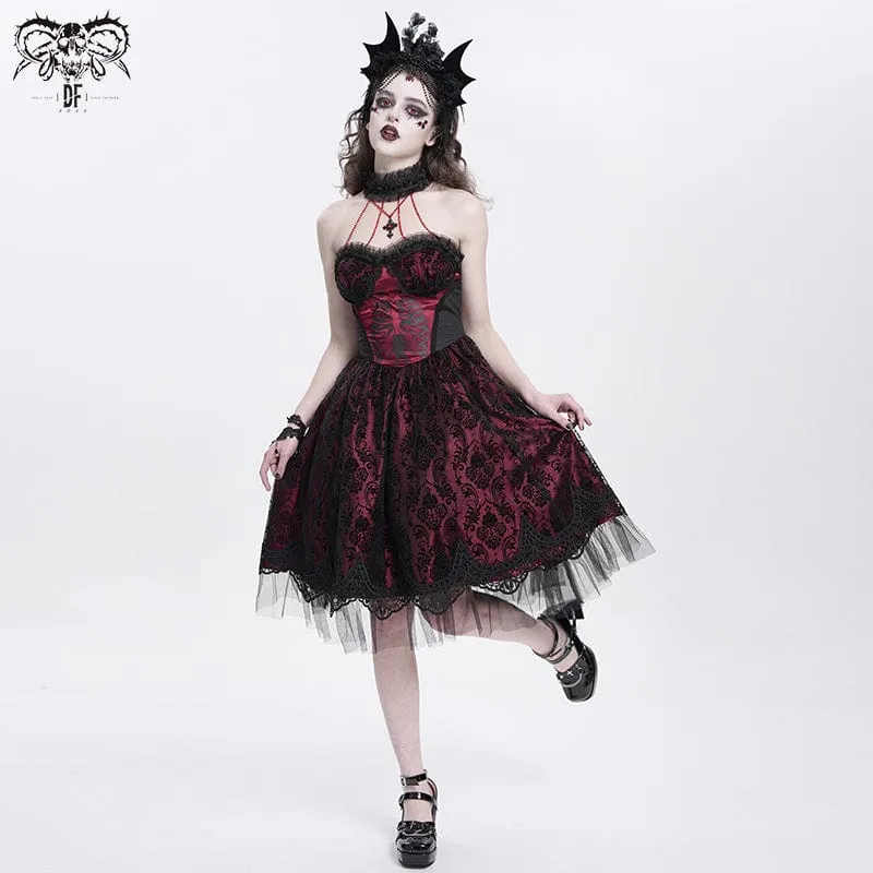 Gothic-Kleid für Damen mit Skelett-Print, Spitzeneinsatz, Neckholder, Hexen-Stil, rotes Abschlusskleid