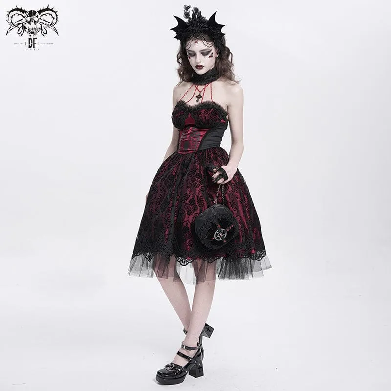 Gothic-Kleid für Damen mit Skelett-Print, Spitzeneinsatz, Neckholder, Hexen-Stil, rotes Abschlusskleid