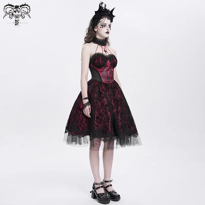 Gothic-Kleid für Damen mit Skelett-Print, Spitzeneinsatz, Neckholder, Hexen-Stil, rotes Abschlusskleid