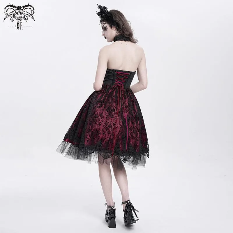 Gothic-Kleid für Damen mit Skelett-Print, Spitzeneinsatz, Neckholder, Hexen-Stil, rotes Abschlusskleid