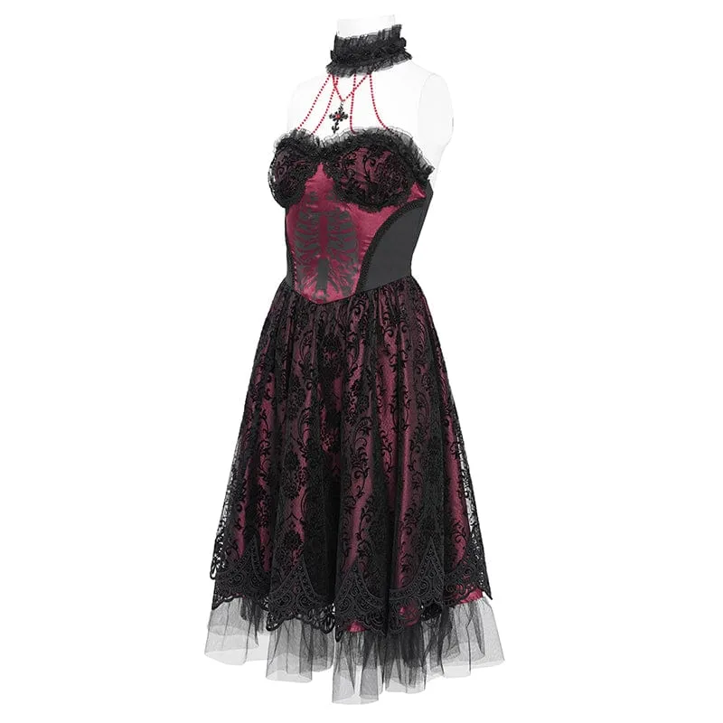 Gothic-Kleid für Damen mit Skelett-Print, Spitzeneinsatz, Neckholder, Hexen-Stil, rotes Abschlusskleid