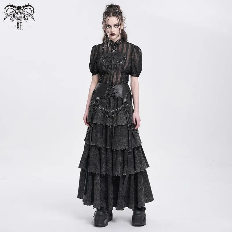 Damen Punk Distressed Lagenrock mit Schnürung