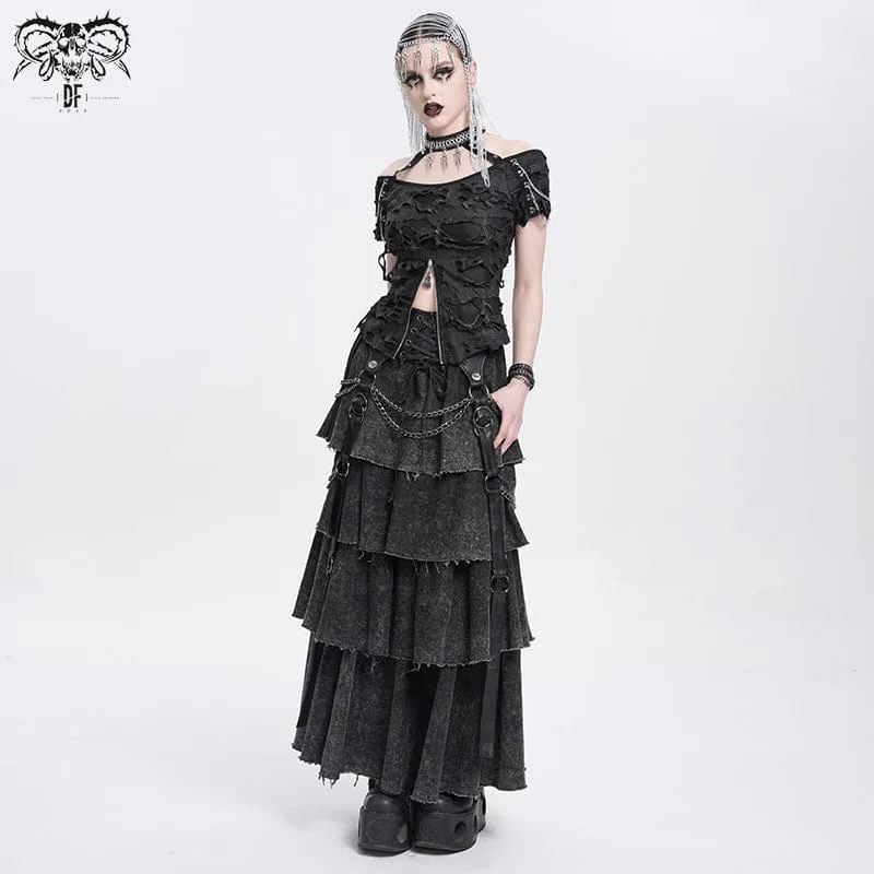 Damen Punk Distressed Lagenrock mit Schnürung