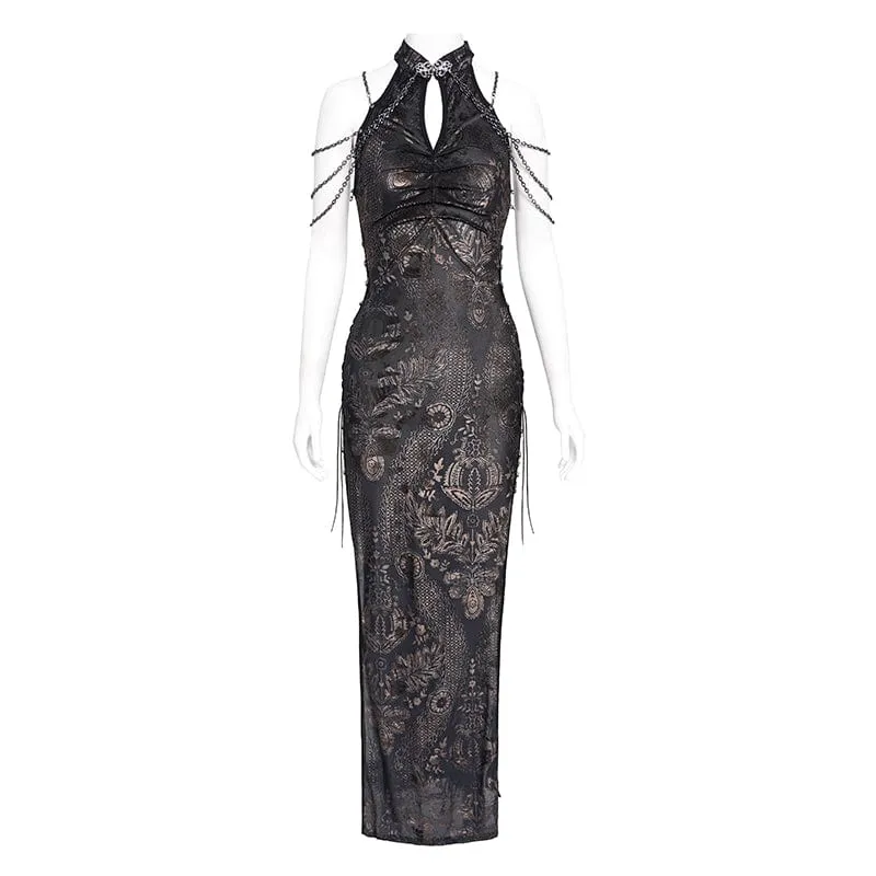 Gothic-Kleid für Damen, schulterfrei, mit Cut-outs und seitlichem Schlitz