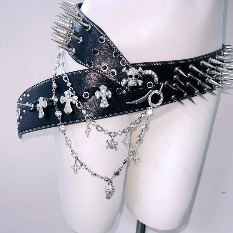 Skull applique rivet metal chain waist belt