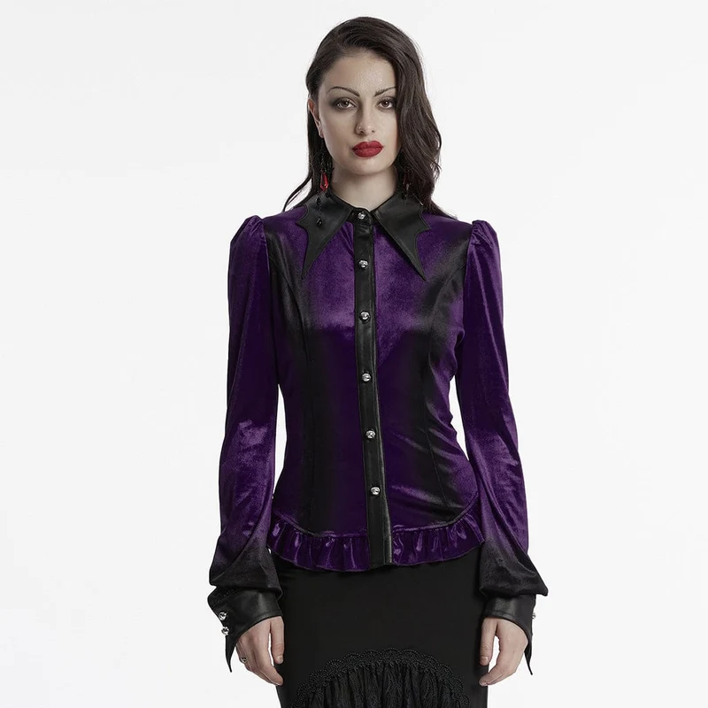 Gothic-Hemd aus Samt mit Puffärmeln und Farbverlauf für Damen Violett