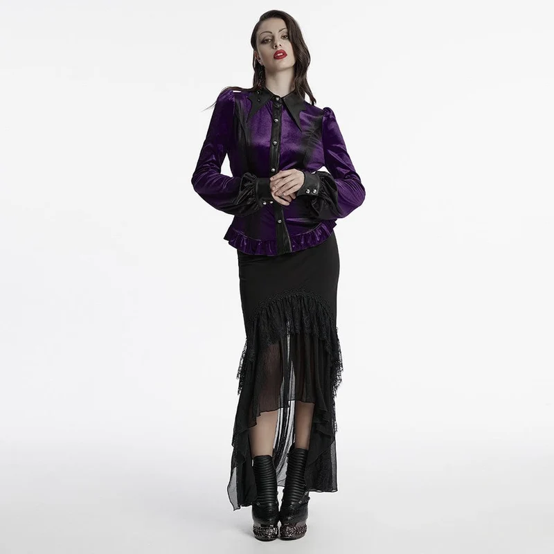 Gothic-Hemd aus Samt mit Puffärmeln und Farbverlauf für Damen Violett