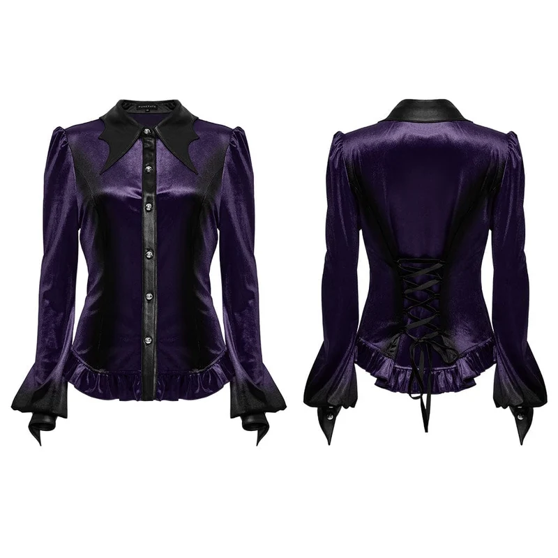 Gothic-Hemd aus Samt mit Puffärmeln und Farbverlauf für Damen Violett