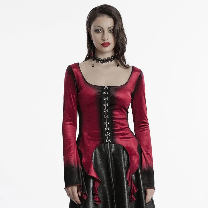 Gothic-Hemd aus unregelmäßigem Farbverlaufssamt für Damen in Rot