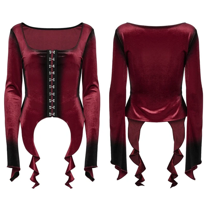 Gothic-Hemd aus unregelmäßigem Farbverlaufssamt für Damen in Rot