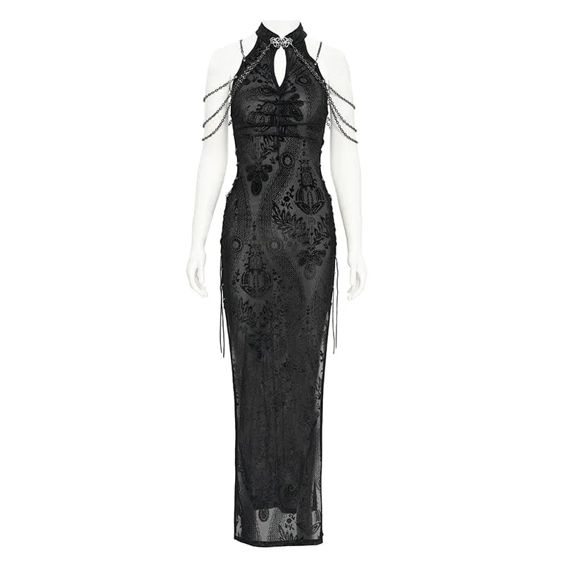 Damen Gothic Cheongsam Kragen Seitenschlitz Neckholder Ballkleid