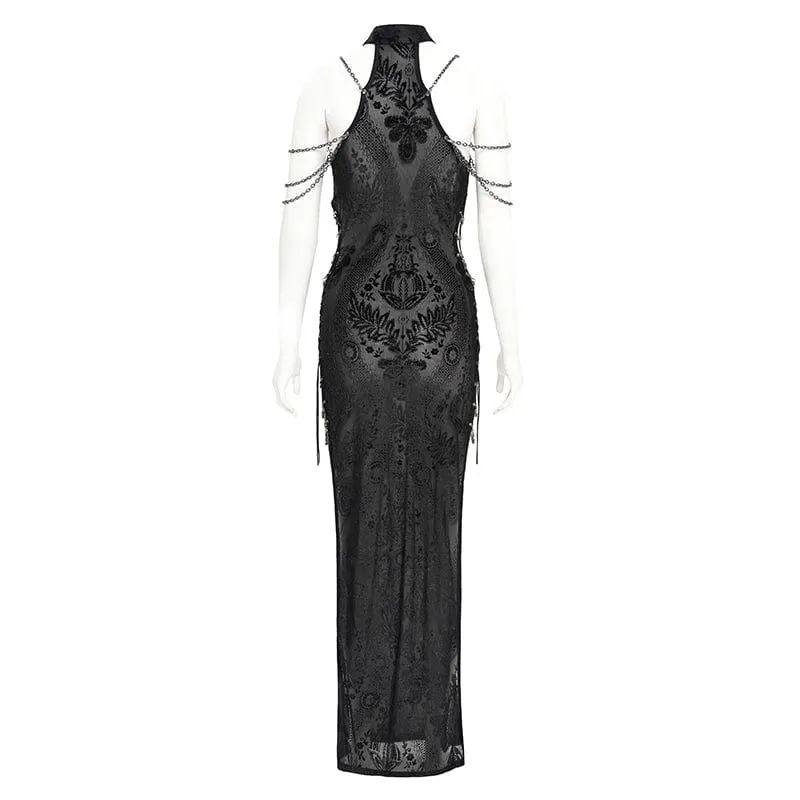 Damen Gothic Cheongsam Kragen Seitenschlitz Neckholder Ballkleid