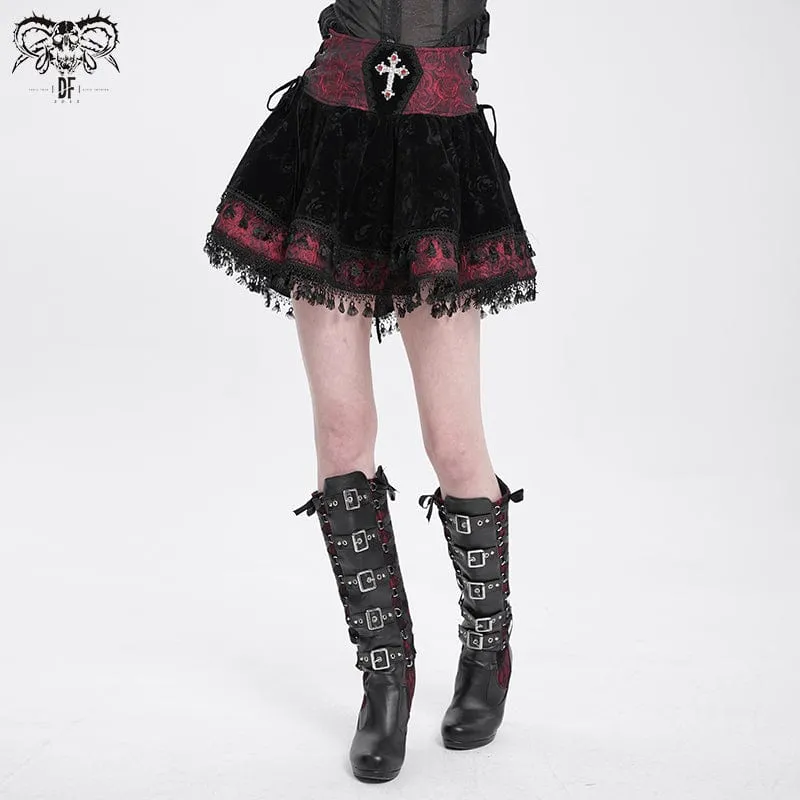 Gothic-Samtrock mit Kreuzquaste für Damen, Rot