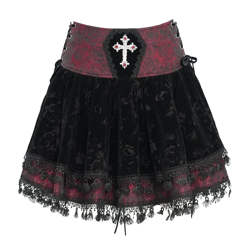 Gothic-Samtrock mit Kreuzquaste für Damen, Rot