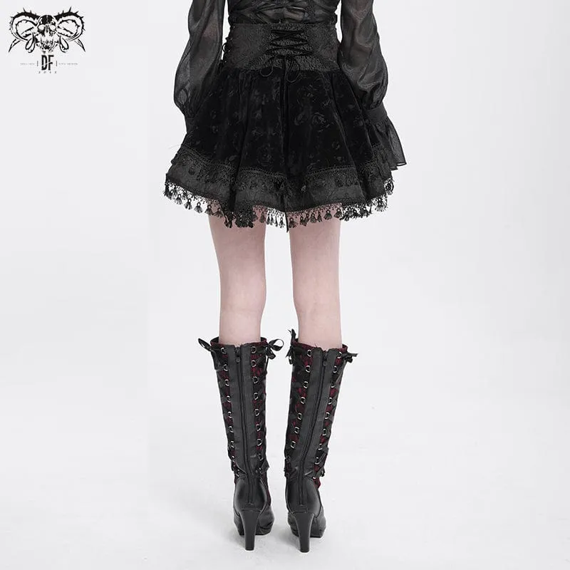Gothic-Samtrock mit Kreuzquaste für Damen, Schwarz