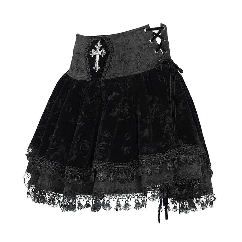 Gothic-Samtrock mit Kreuzquaste für Damen, Schwarz