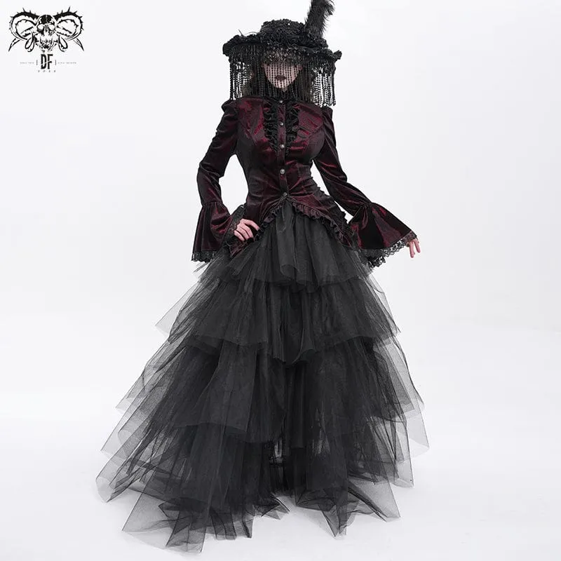 Gothic-Hemd mit ausgestellten Ärmeln, Rüschen und Schwalbenschwanz für Damen Rot
