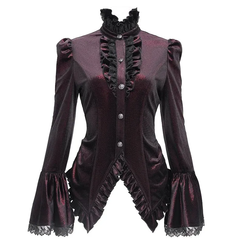 Gothic-Hemd mit ausgestellten Ärmeln, Rüschen und Schwalbenschwanz für Damen Rot