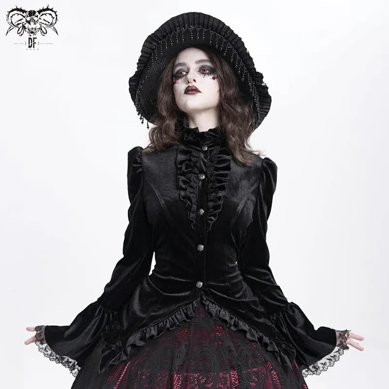 Gothic-Hemd mit ausgestellten Ärmeln, Rüschen und Schwalbenschwanz für Damen in Schwarz