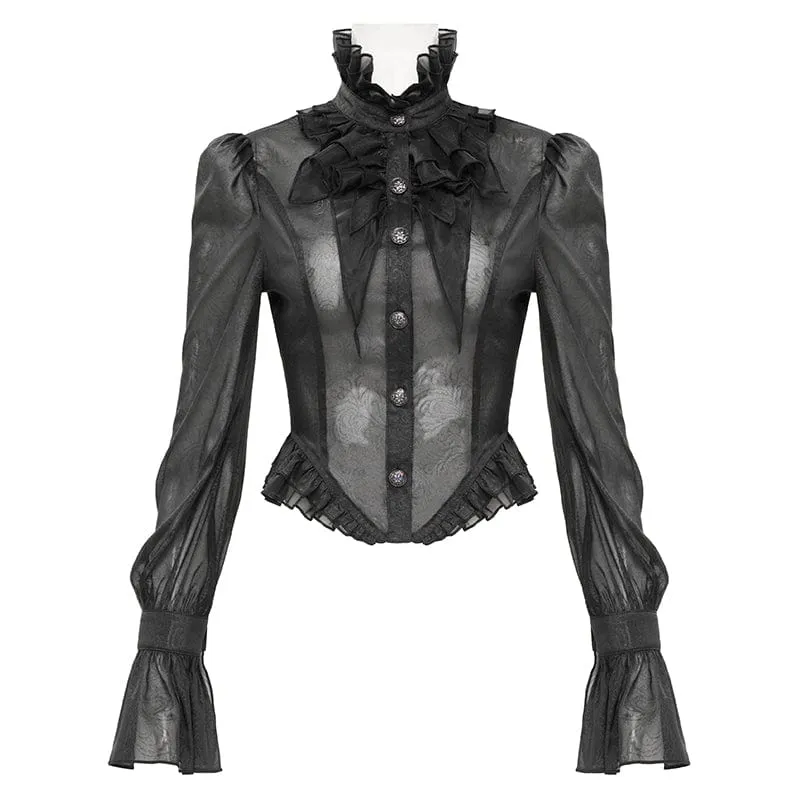 Gothic-Hemd mit Stehkragen, Rüschen und Schwalbenschwanz für Damen