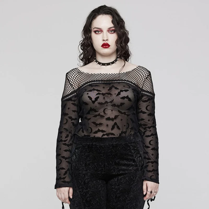 Damen-Gothic-Fledermaus-Mesh-Shirt in Übergröße