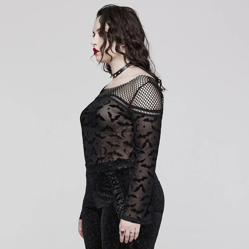 Damen-Gothic-Fledermaus-Mesh-Shirt in Übergröße