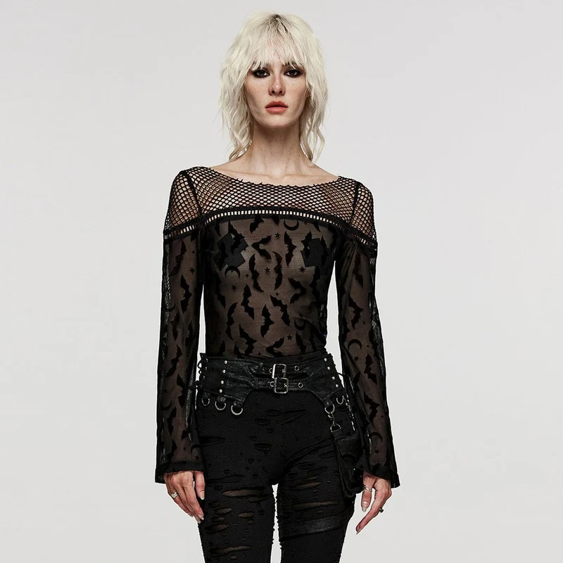 Damen-Gothic-Fledermaus-Mesh-Shirt in Übergröße