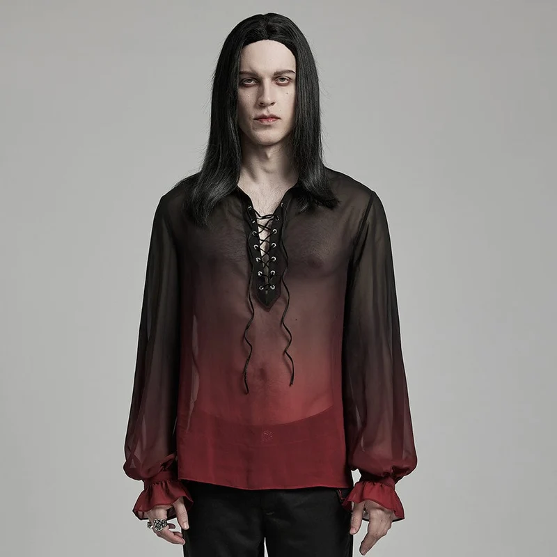 Herren-Hemd aus transparentem Chiffon mit Schnürung und Farbverlauf im Gothic-Stil