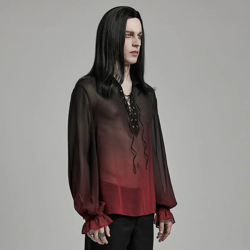 Herren-Hemd aus transparentem Chiffon mit Schnürung und Farbverlauf im Gothic-Stil