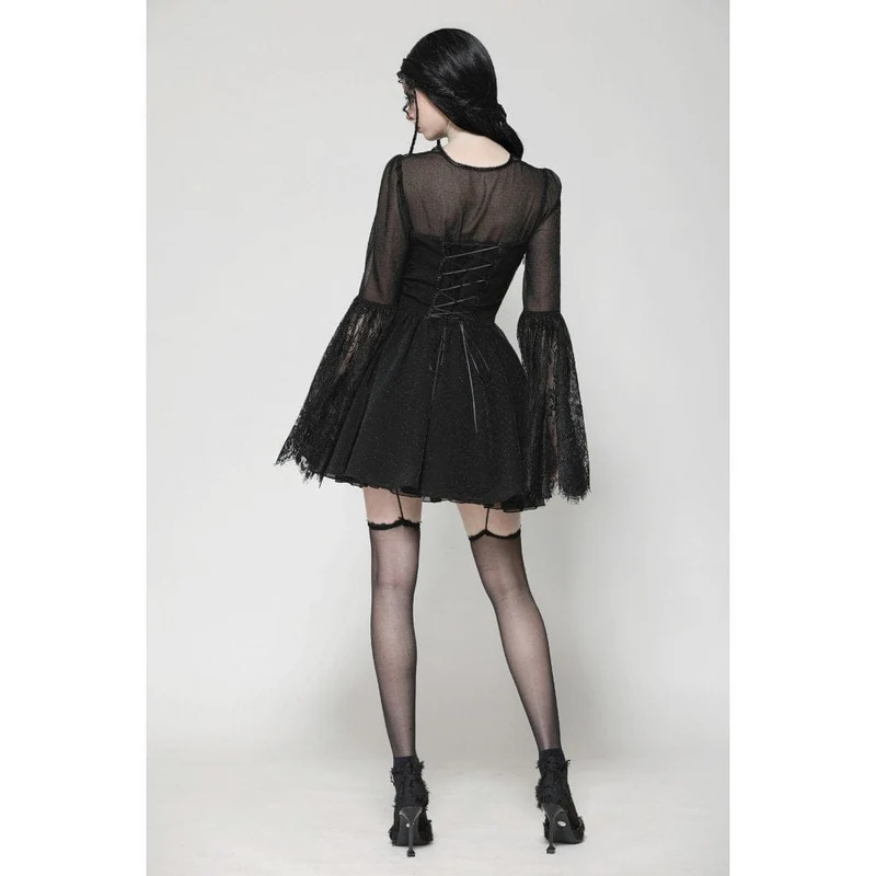 Gothic-Abendkleid mit ausgestellten Ärmeln und Spitzeneinsatz für Damen, Abschlusskleid