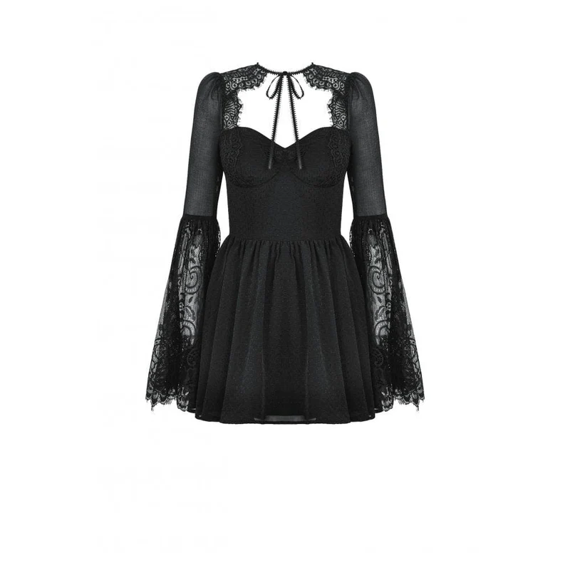 Gothic-Abendkleid mit ausgestellten Ärmeln und Spitzeneinsatz für Damen, Abschlusskleid